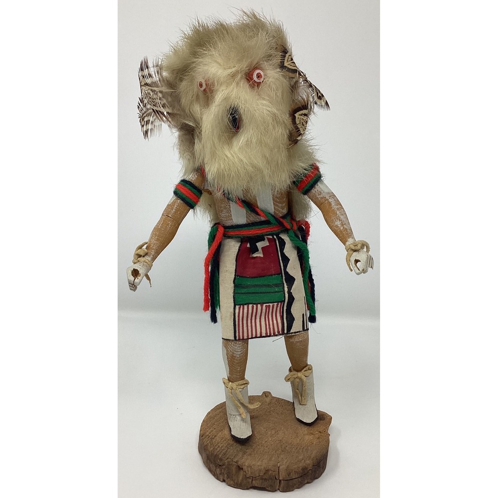 Vintage Signed Largo Great Owl Kachina Doll Hand Carved Wood Fur Feathers 10.5"